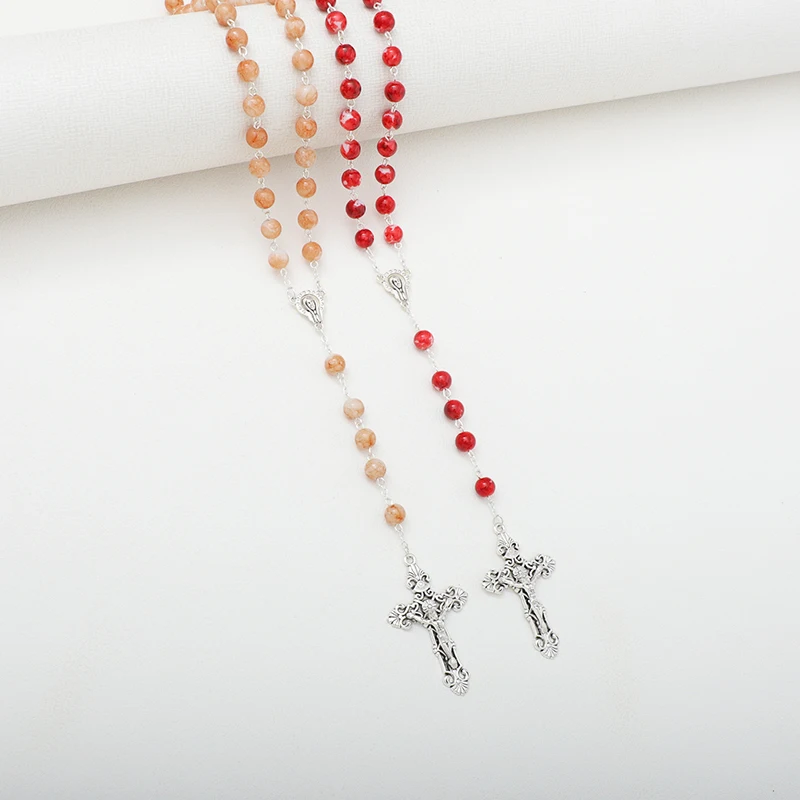 Hot Holy Catholic Blue Glass Stone Beads Rosary Necklace With Sliver Jesus Cross Religious Necklace