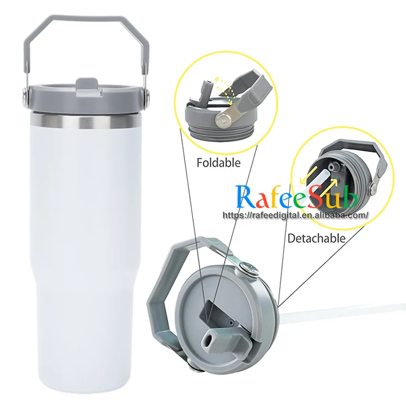 30oz 30 oz Hot and Cold Vacuum Insulated Stainless Steel White Blank Sublimation Tumbler Cup with Top Handle and Straw Screw Lid