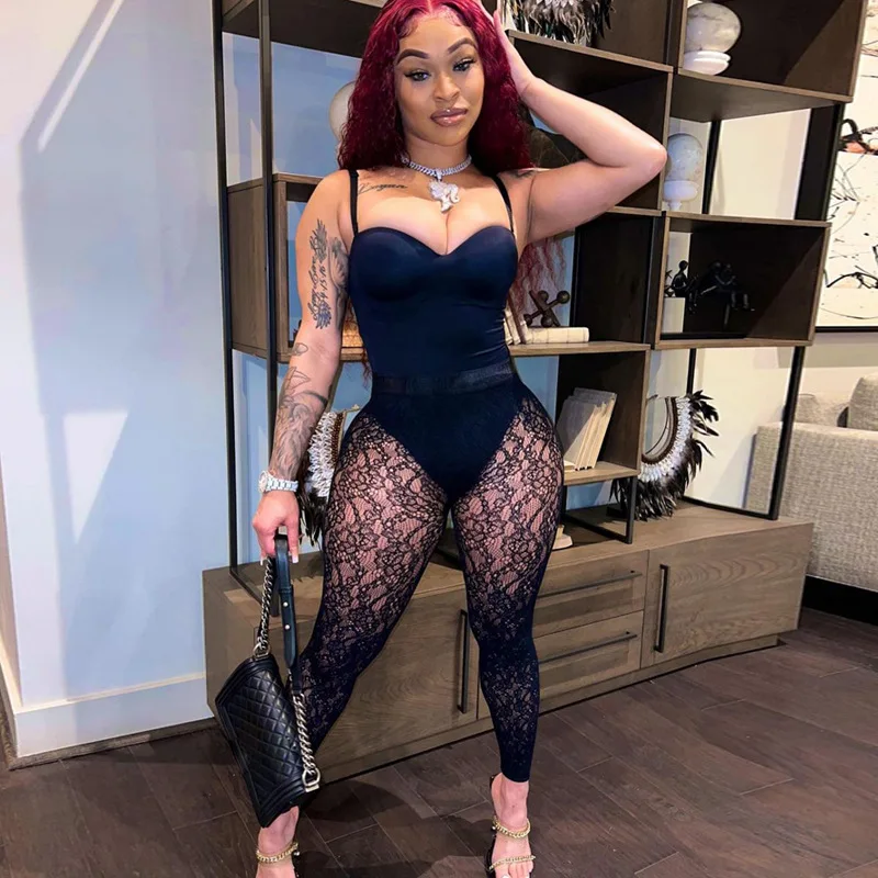 2021 new beauty dress sexy lace two piece set see through lace pants fashion one piece corset bodysuit casual set women