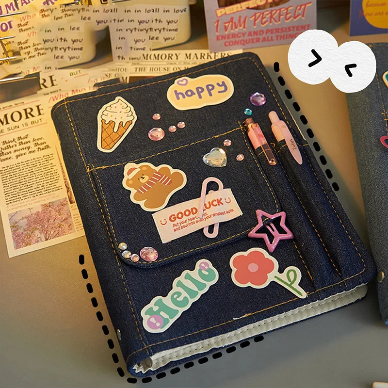 LABON Cloth y2k Diy Cover Denim Girls Retro Style Notebook Cute Diary Cloth 6 Ring Binder