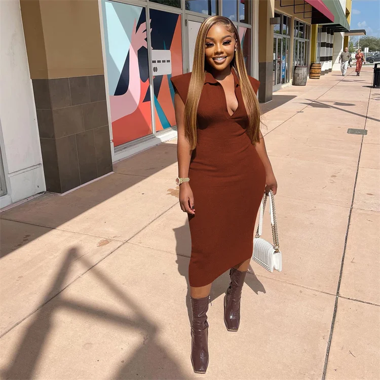 Wholesale Sleeveless Lady Prom Elegant Stretch Suede Long Maxi Brown Dress Cheap Casual Women Dresses