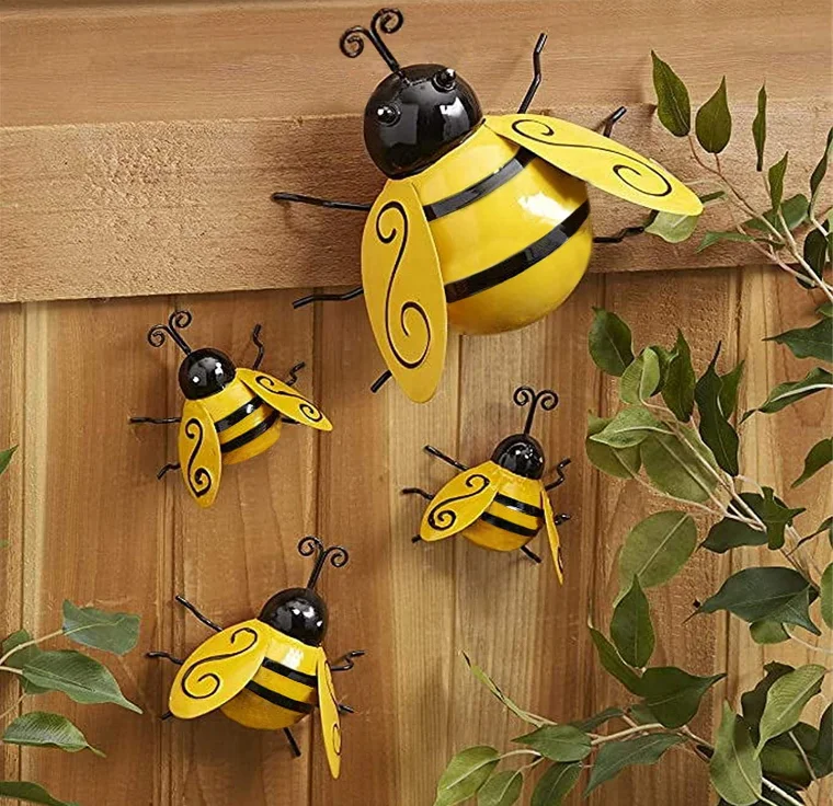 Metal Bumble Bee Garden Decorations Wall Art Bee 3D Sculpture Ornament, Bumble Bee Iron Garden Ornaments Outdoor