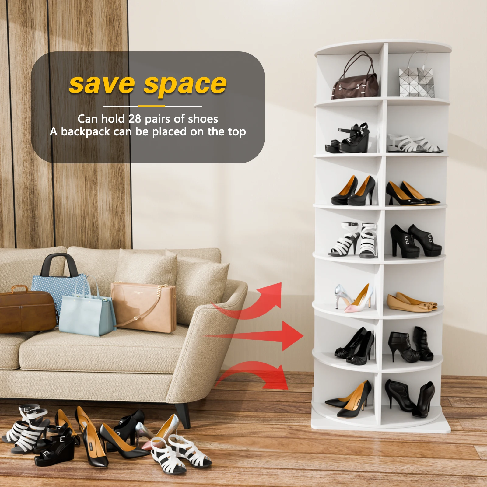 360-degree rotation 7 floors high Large 360 rotating shoe rack radius Living room furniture PVC Material Shoe Racks