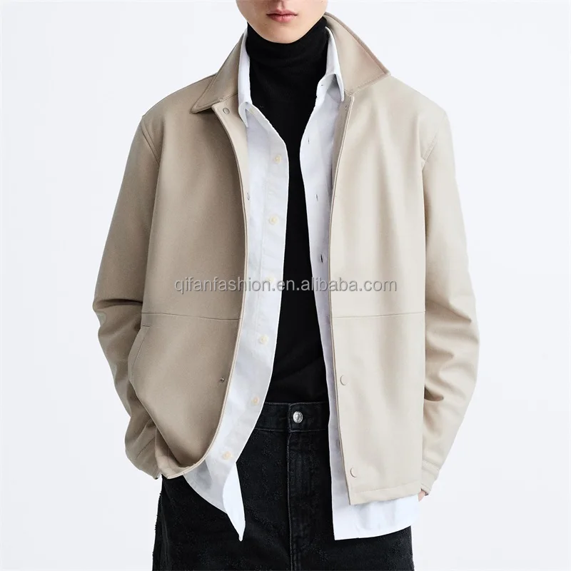 Custom shirt collar plain blank black beige windbreaker leather jacket for men
