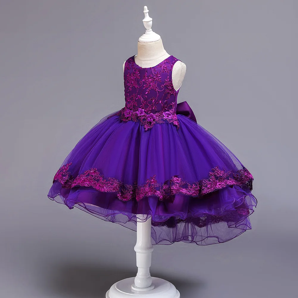 KA054 New Lace Flower Princess Dress Girls Elegant Ball Gown Dresses Kids Wedding Party Short Front Long Back Dress For Girls