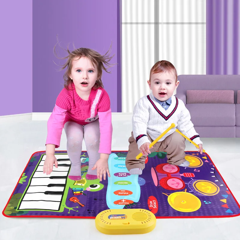 Musical Carpet Floor Mat for Toddlers Early Educational Piano & Drum Play with 2 Sticks Animal Touch Play Blanket Babies