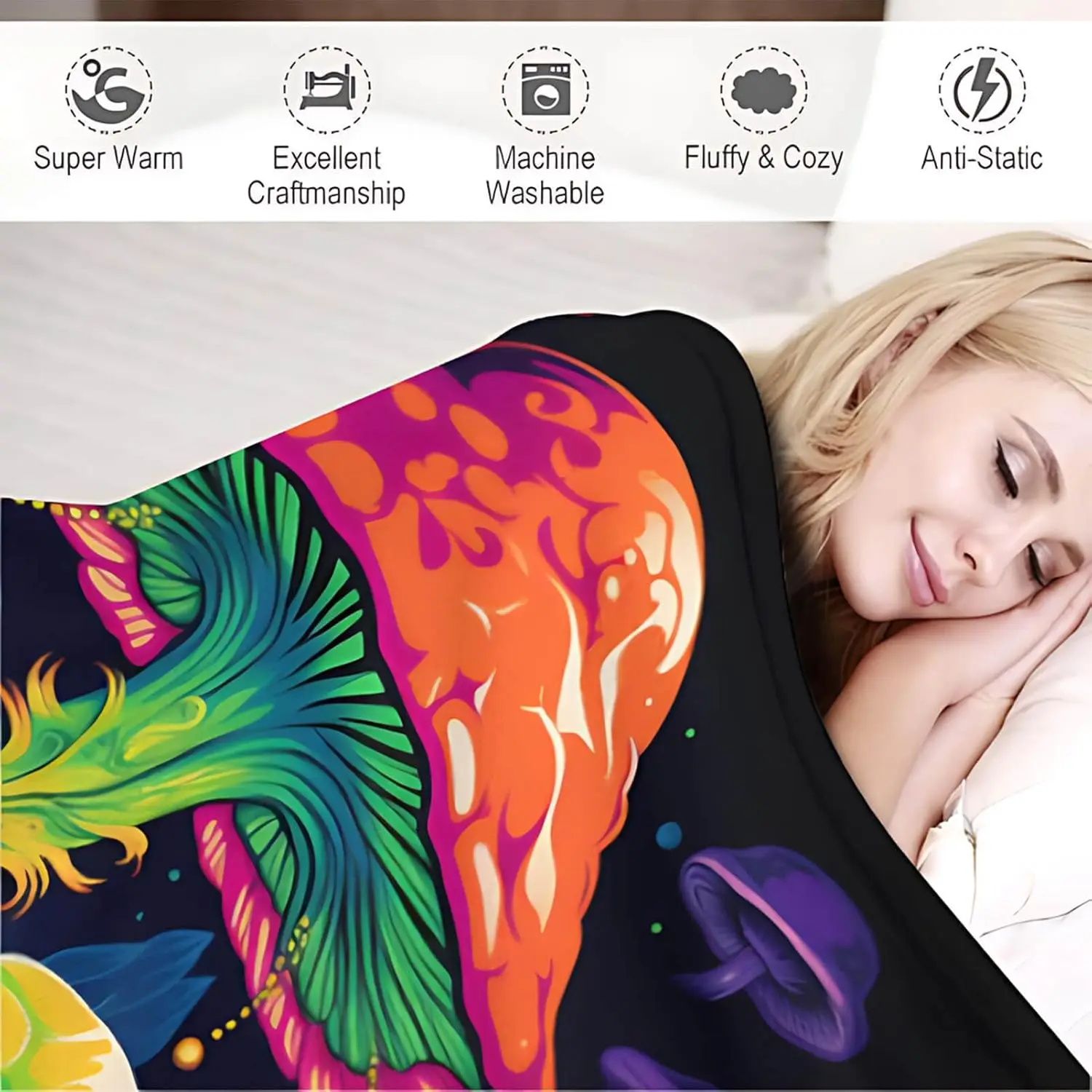 Custom Neon Mushroom in Dark Forest Hippie  flannel fleece Throw Blanket for Sofa Couch