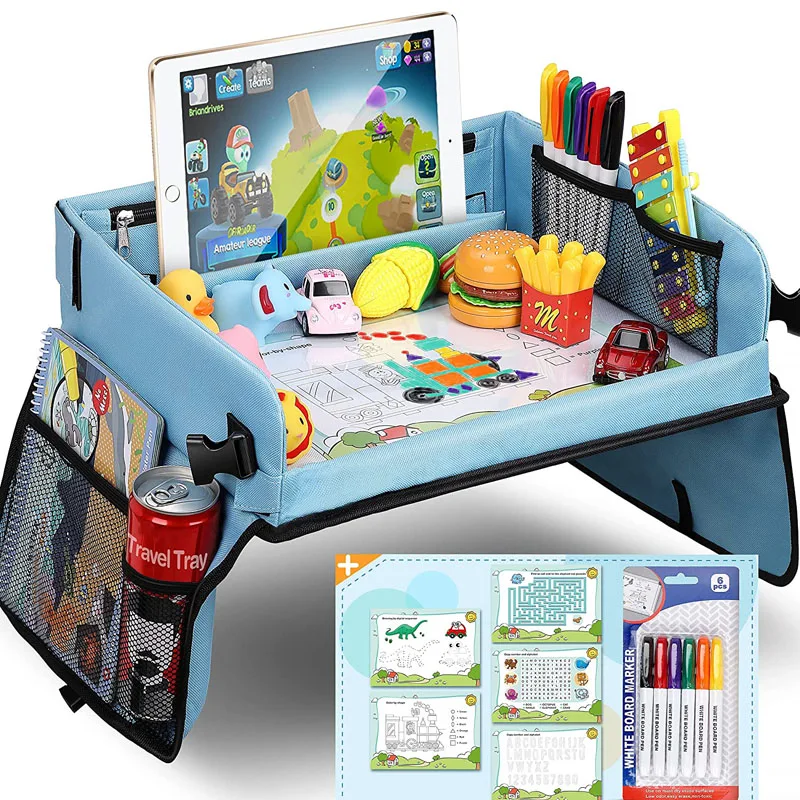 Waterproof Food and Snack kids Lap Tray Table Kids Travel Tray with Dry Erase Car Seat Travel Tray with 16 Organizer Pockets