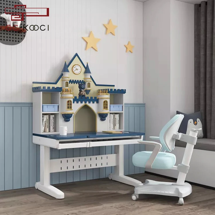 Modern adjustable kids reading table and chair set blue pink creative castle children solid wood study desk