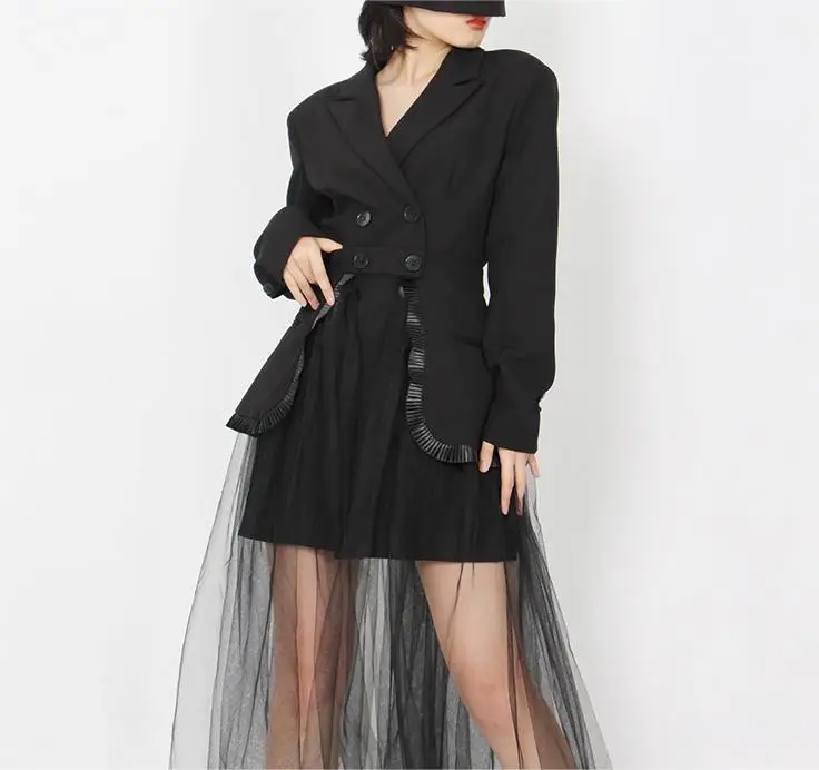 Mesh Gauze Pleated Skirt Two Pieces Suits Women's Blazer Dress Breathable Solid Pattern Woven Long 100% Polyester Women