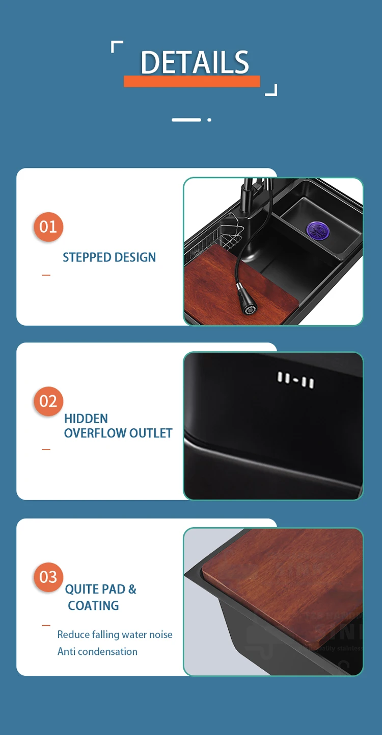 Apartment Nano Stainless Steel Handmade Sinks Dish Drainer Rack Basket Big Holes Drainage Smart Modern Kitchen Sink