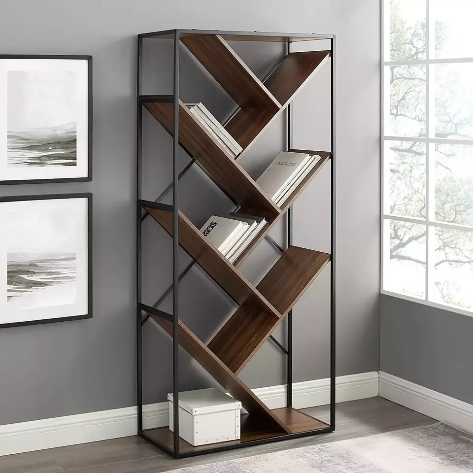 Living Room Furniture Industrial Metal Iron Storage Racks Bookcases wooden Shelves modern floor bookcase