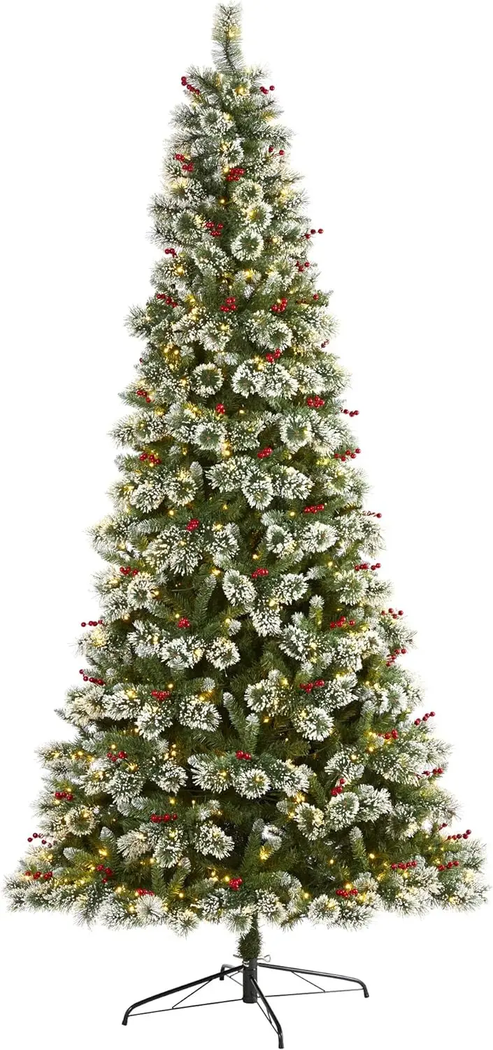 9ft. Hot Selling  Slim Frosted Swiss Pine Artificial Christmas Tree with 700 Clear LED Lights and Berries