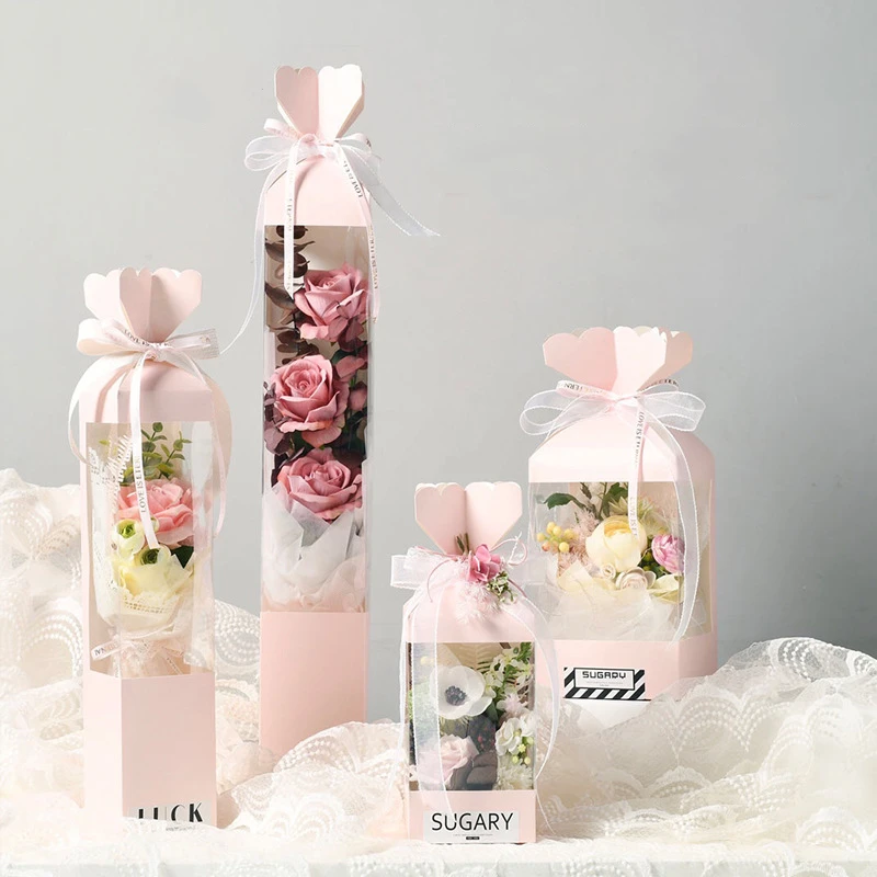 Handhold tall bouquet packaging box paper foldable fold candy shape flower rose bouquet packaging for A bunch of flower window