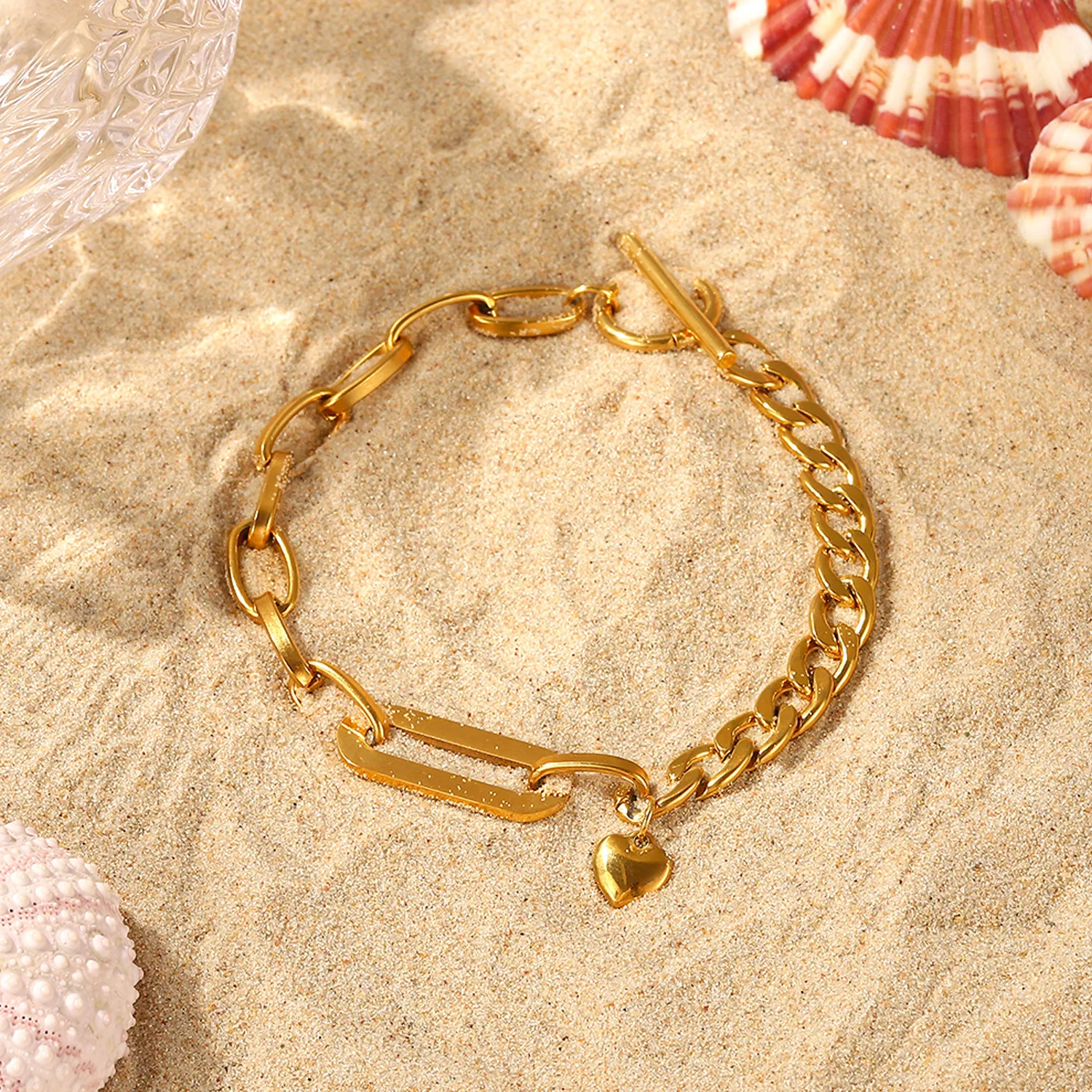 18k Gold Stainless Steel Cuban Chain Oval Chain Stitching Love Small Round Zirconium Pendant Ot Buckle Bracelet For Women