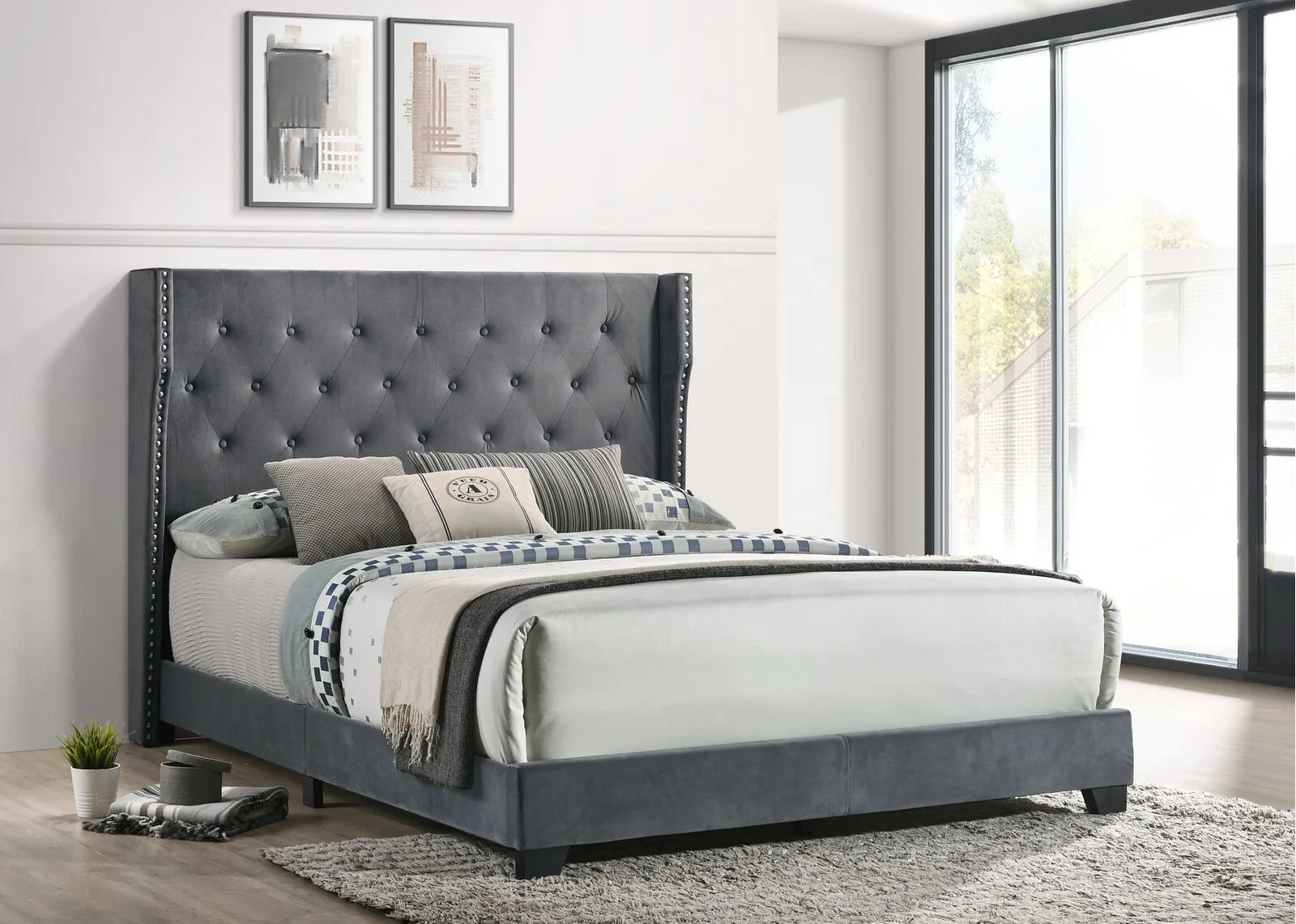 Up-holstered king queen size solid wooden Foldable bed frame bedroom furniture wholesale