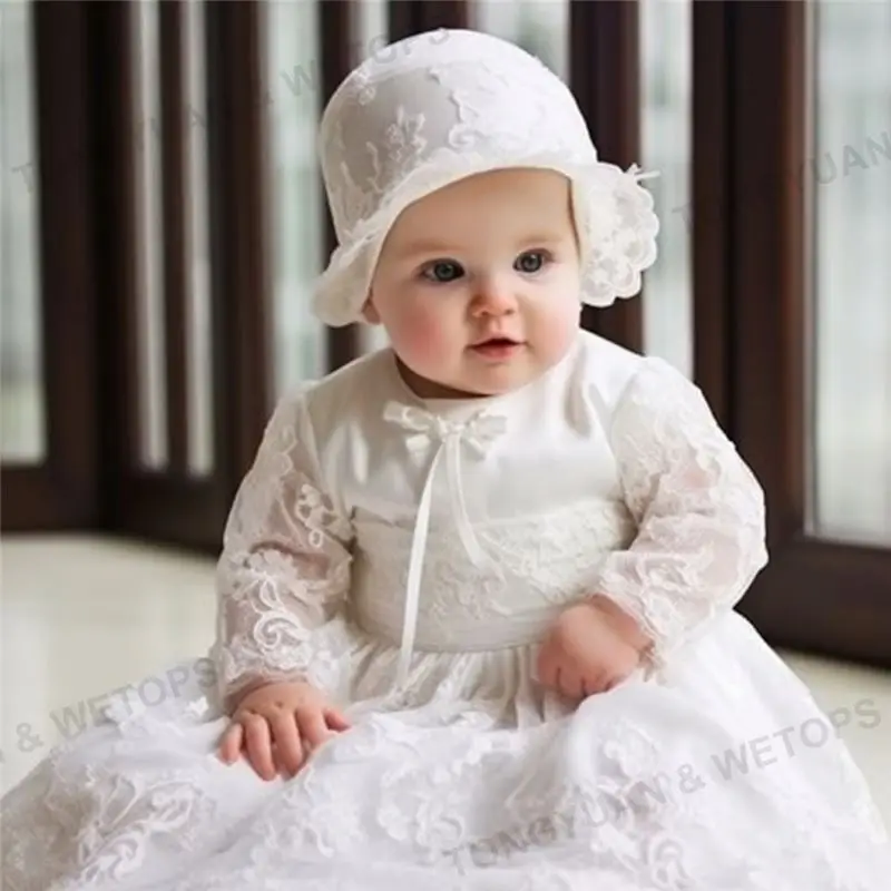 Wholesale Newborn Baby White Baptism Dress Wedding Party Long Sleeve Lace Dresses Toddler Girls Christening Gown With Hat