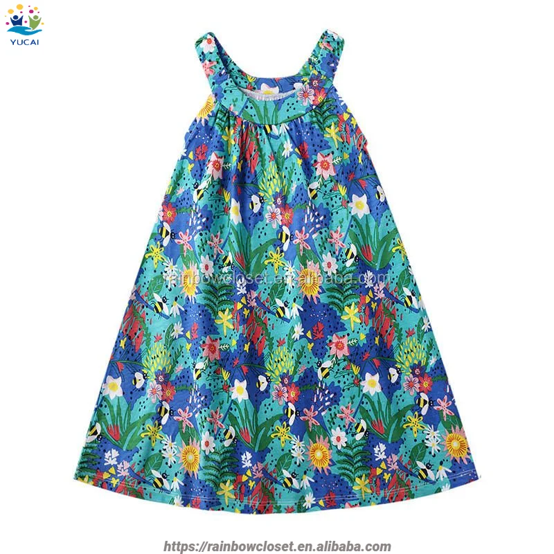 Fashion Girls Custom Print Summer Wear Kid Floral One-piece Tank Dress Children Beach Dress elegant casual dresses