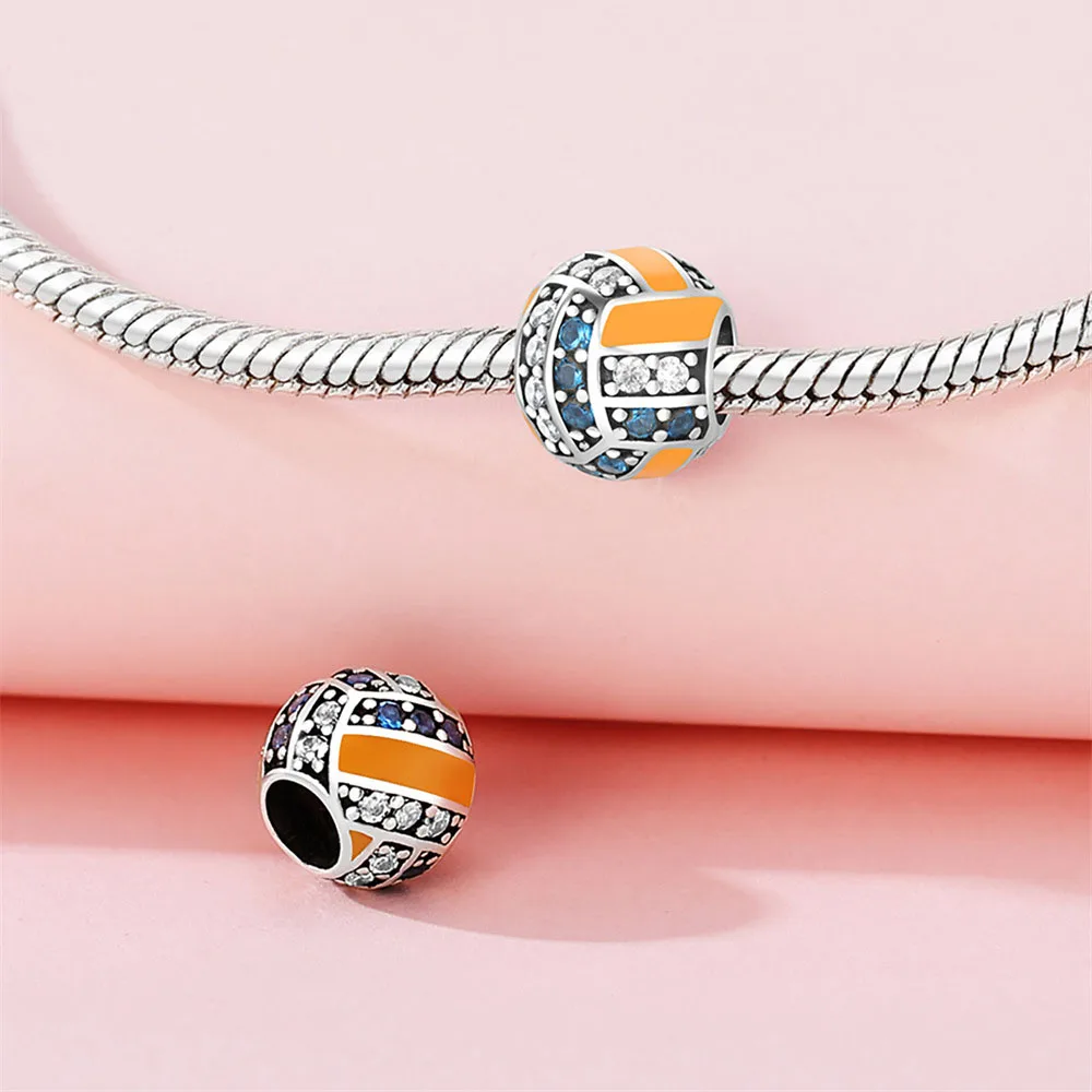 Fashion Jewelry 925 Sterling Silver Colorful Enamel Zirconia Sport Volleyball Beads for Charm Bracelet Necklace Jewelry Making