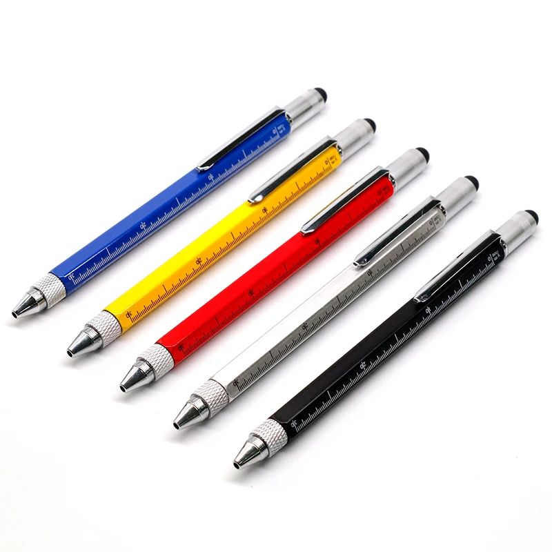 Multifunctional 6 in 1 stylus level gift screwdriver metal tool  engineering pen with cm/inch scale and water level 6 sides