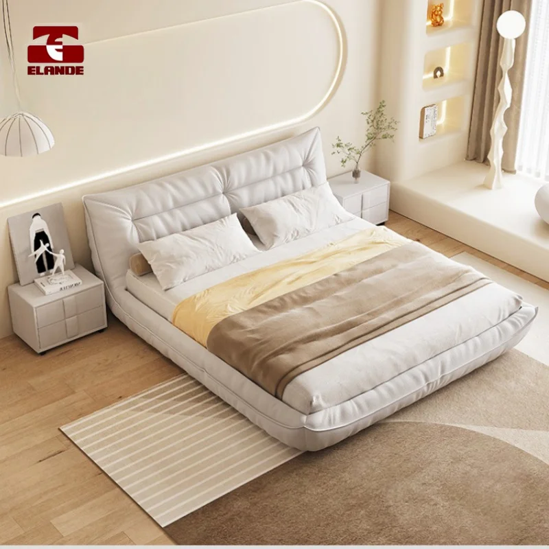 Lit Queen En Tissu Technologique Lit De Chambre a Coucher Simple Simple Tissu De Vent Cremeux Lit Roi Masculin Meubles De Chambr