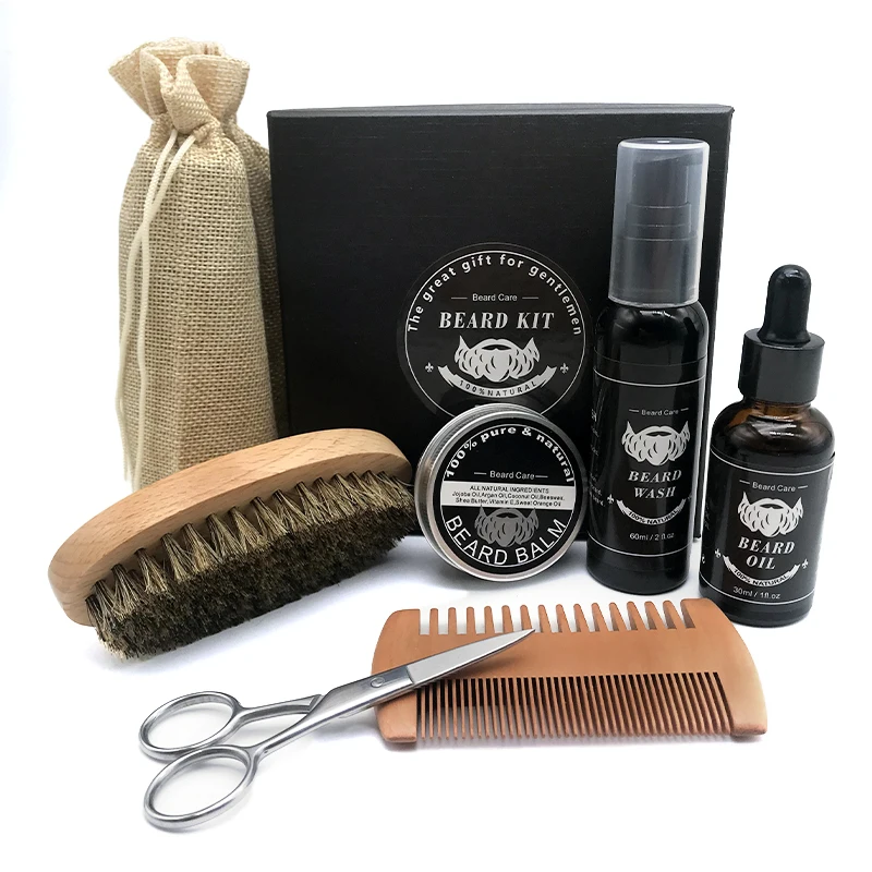 Private Label Beard care kit 8 Items beard Set wood Brush comb Oil Balm Beard Grooming Kit