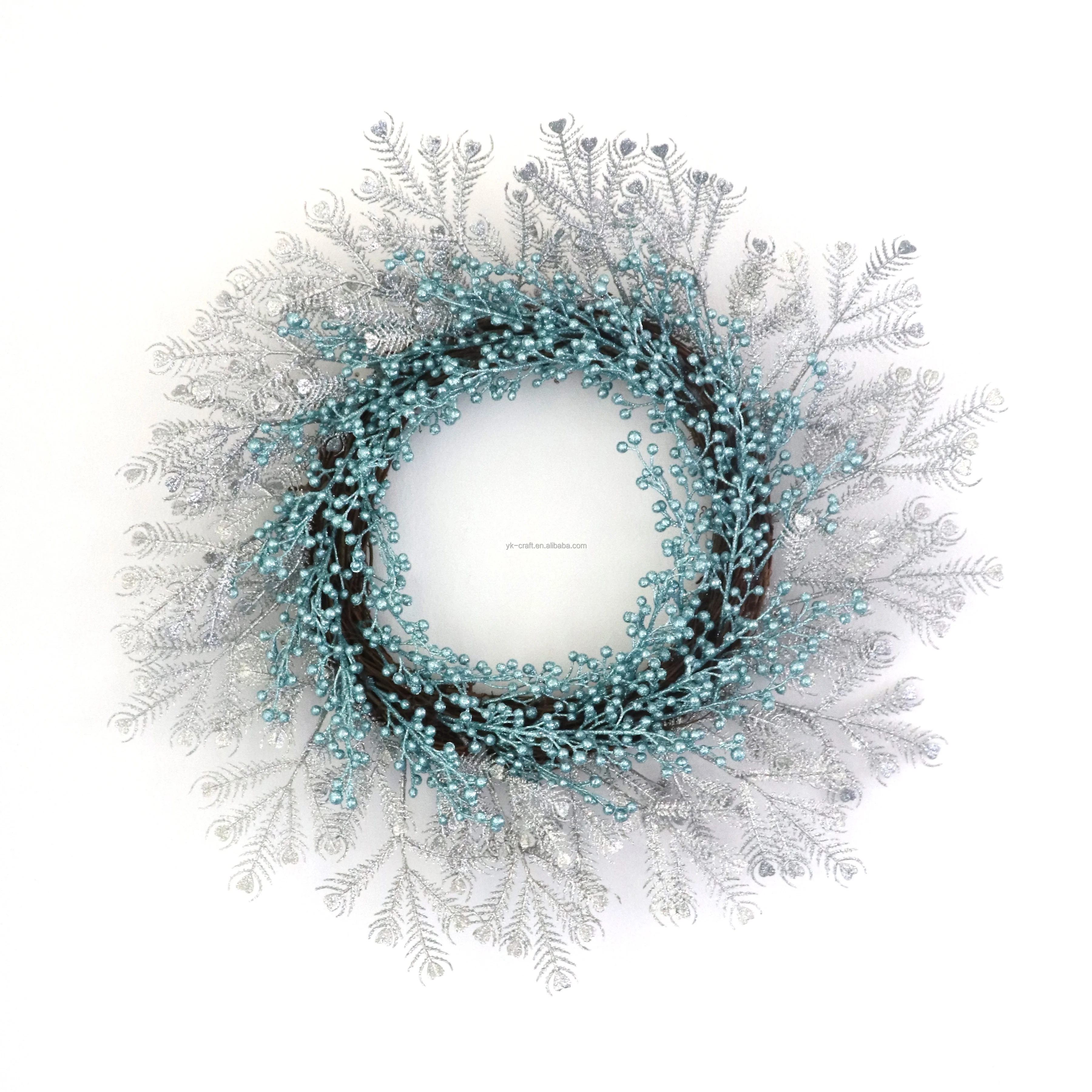 50CM Artificial Peacock Feather Circle Wreaths Silver Feather Mix Blue Berry Rattan Garland Christmas Wedding Hanging Wreath