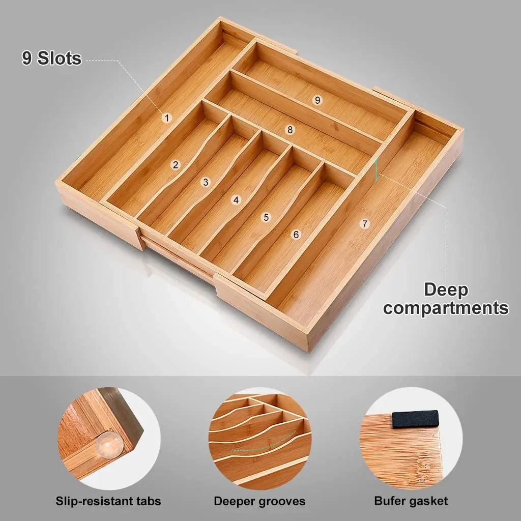 Hot sell  Bamboo Cutlery Tray  Utensil Silverware Flatware Drawer Organizer Dividers with 6 Compartment for Kitchen