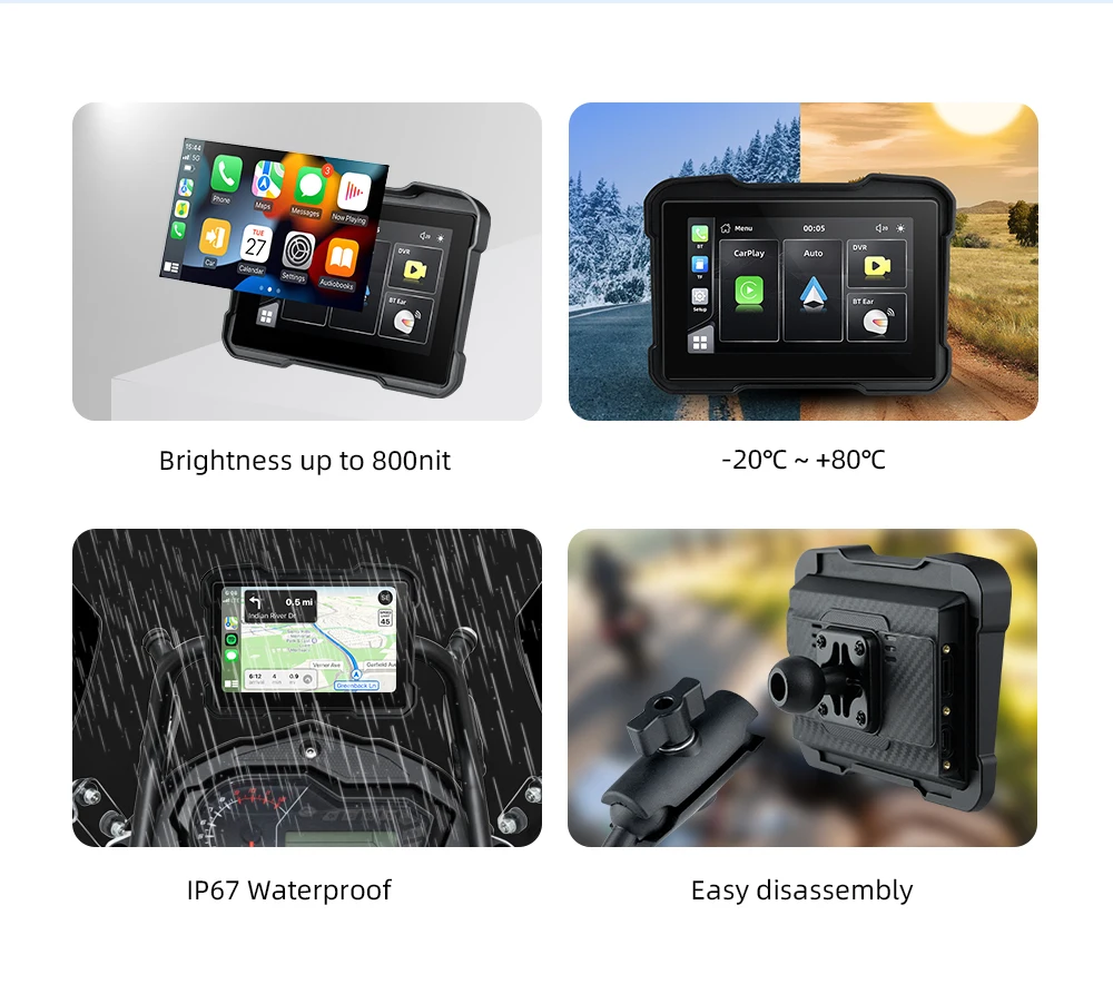 EKIY Motorcycle Wireless CarPlay Android Auto 5 inch Screen Motorcycle Navigation Wireless Carplay Motorcycle IP67 Waterproof
