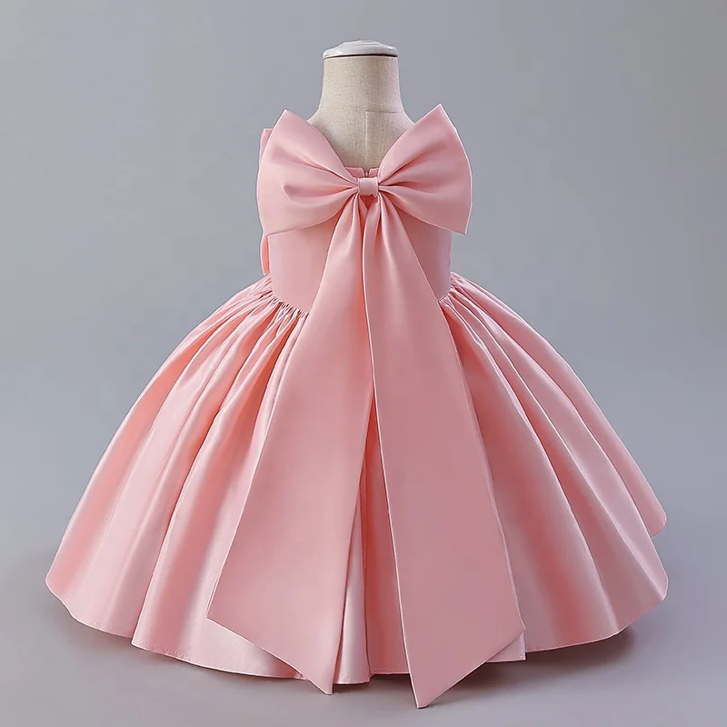 Baby Simple Satin Clothes Big Bow Front Girls First Year Birthday Princess Dress Kids Walking Show Hosts Piano Performance Gown