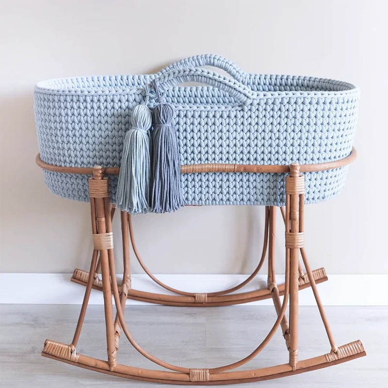 Nuohui Foldable crochet baby changing basket Handle for Newborn Nursery Moses Baskets Diaper Changing With Mattress