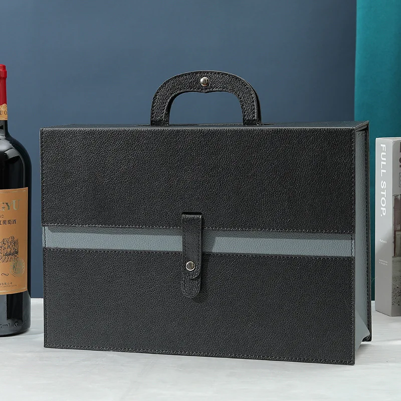 Luxury Custom LOGO Red Wine Portable Packaging Gift Box Leather New Wine Box With Handle Gift Wine Wood Box Portable