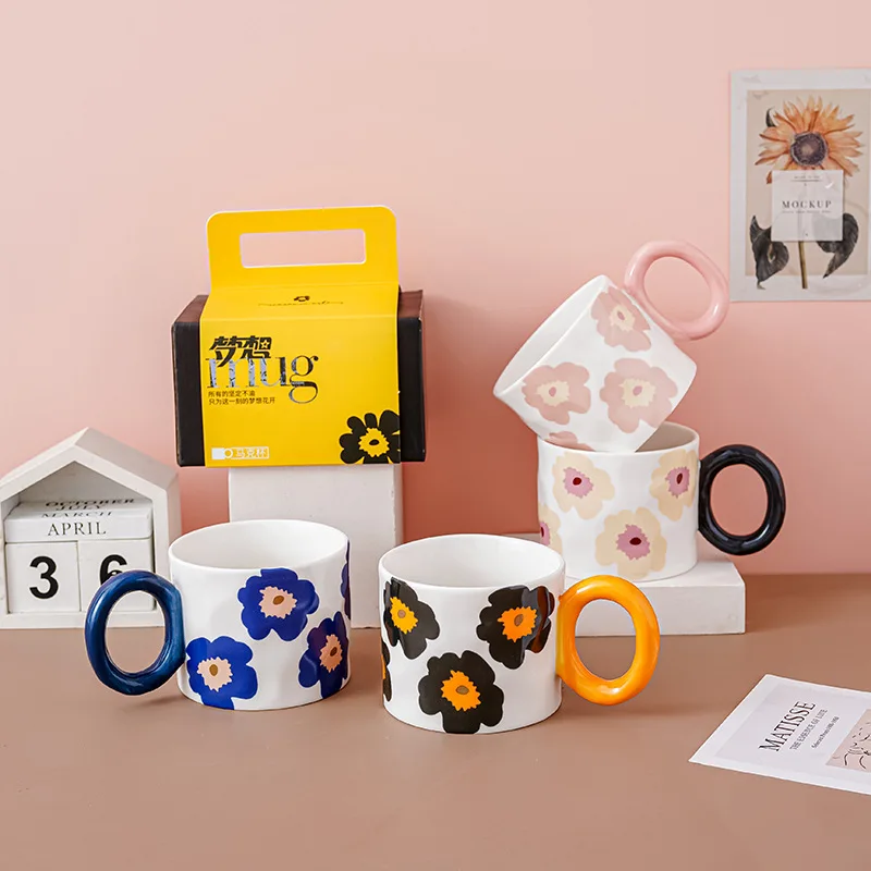 Ins Creative hand painted flower ceramic mug Big ears home office coffee mug