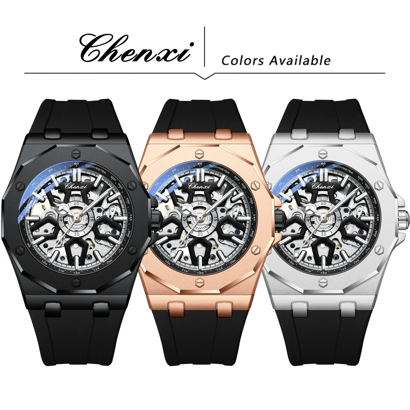 CHENXI 8868 New Hot Selling Men Mechanical Watches Waterproof Silicone Band Luminous Fully Automatic Watch Mens Rose Gold