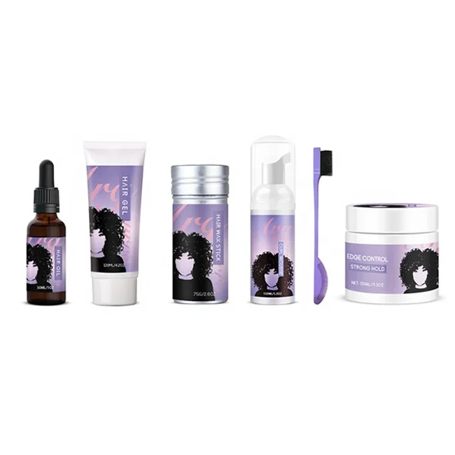
Private label edge control kit including edge control hair oil wax stick gel mousse edge wrap and bonnet 