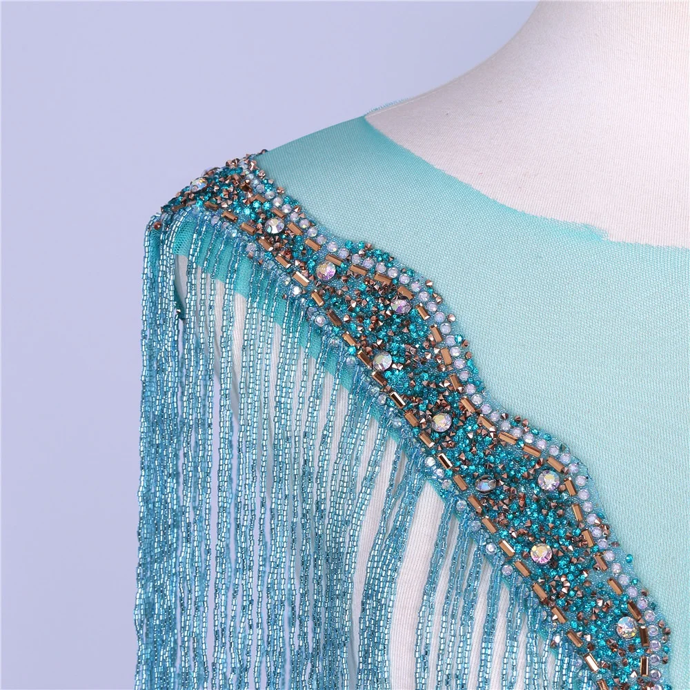 High quality wholesale beaded bridal wedding evening dress tassel fringe and trims rhinestone neckline applique