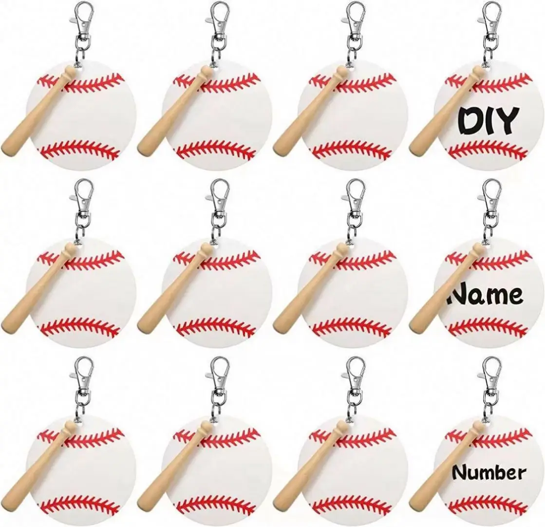 Baseball Wood Bat for DIY Sports Party Baseball Key Chains 12 Set Baseball Softball Blanks Acrylic Keychain Kit with Miniature
