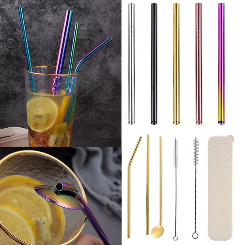 7pcs Stainless Steel Eco-Friendly Drinking Straw Spoon Set Reusable Straw with Cleaning Brush Spoon Wheat Case For Bar Party