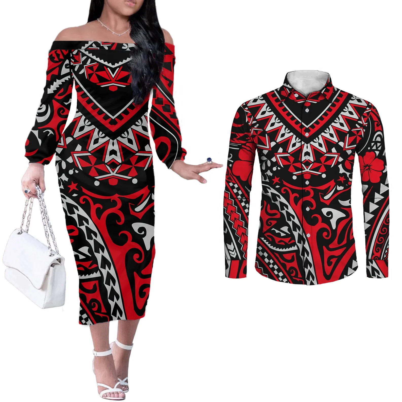 couple clothes Drop shipping Polynesian Tribal Pattern Design Classic Mens Hawaiian Plus Size Shirts Match Women Plus Size Dress