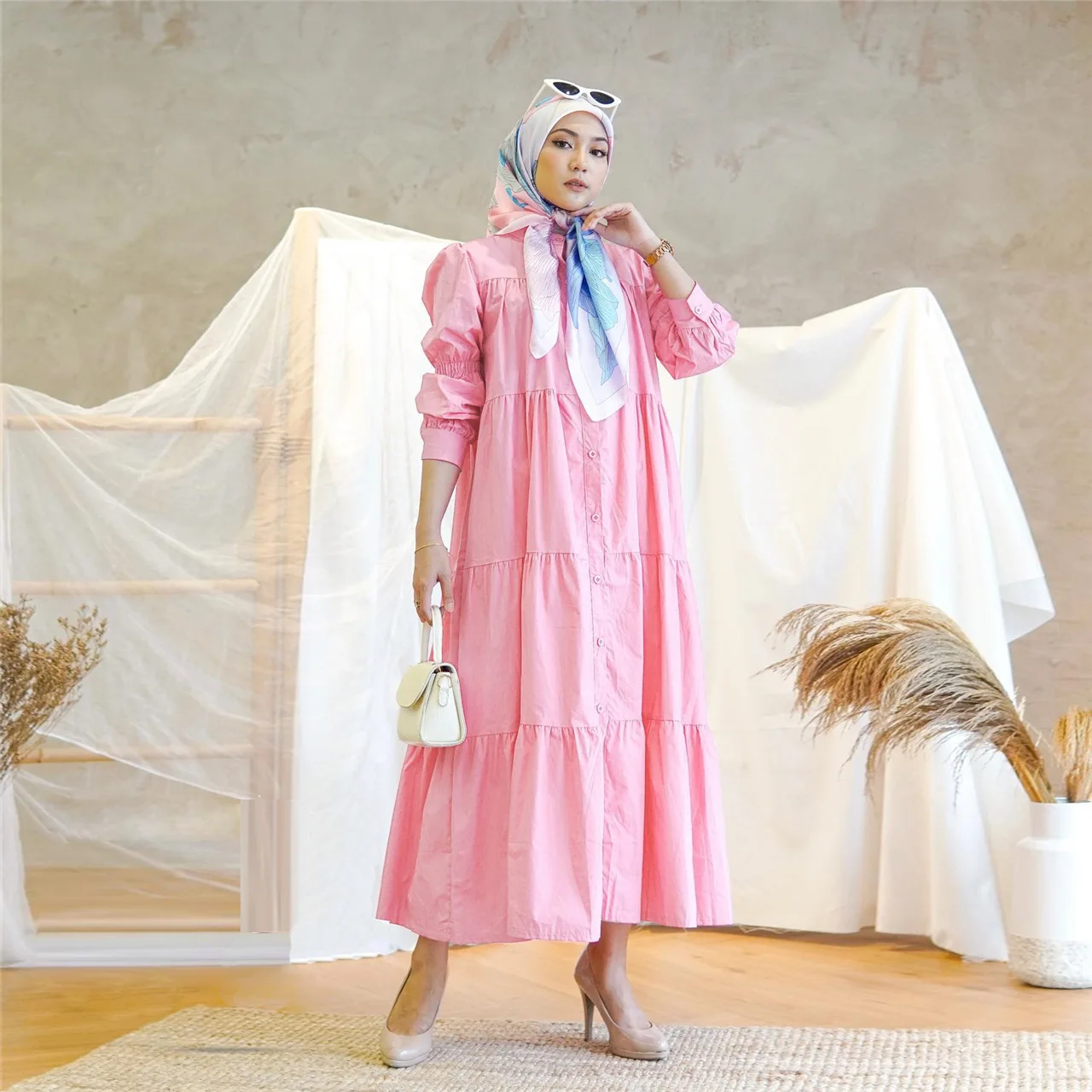 2024 Indonesia Muslim Solid Casual Dress Loose Daily Crew Neck Dress Cotton Patchwork Abaya Dress Kaftan with Buckle