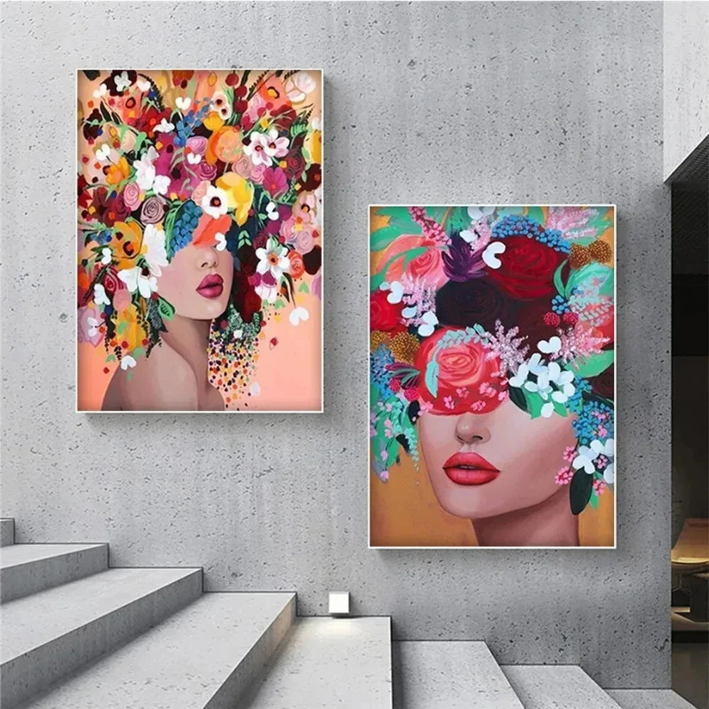 Abstract Flower Woman Art Figure Canvas Painting Fashion Girl Graffiti Wall Paintings Modern Figure Prints and Poster Room Decor