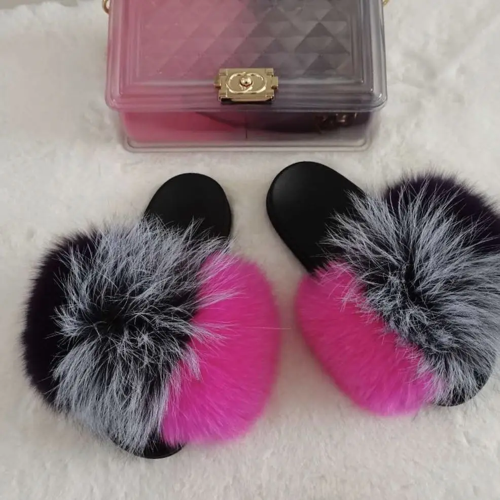 custom indoor oem logo blue real fox fur fluffy slides sandals slipper for women