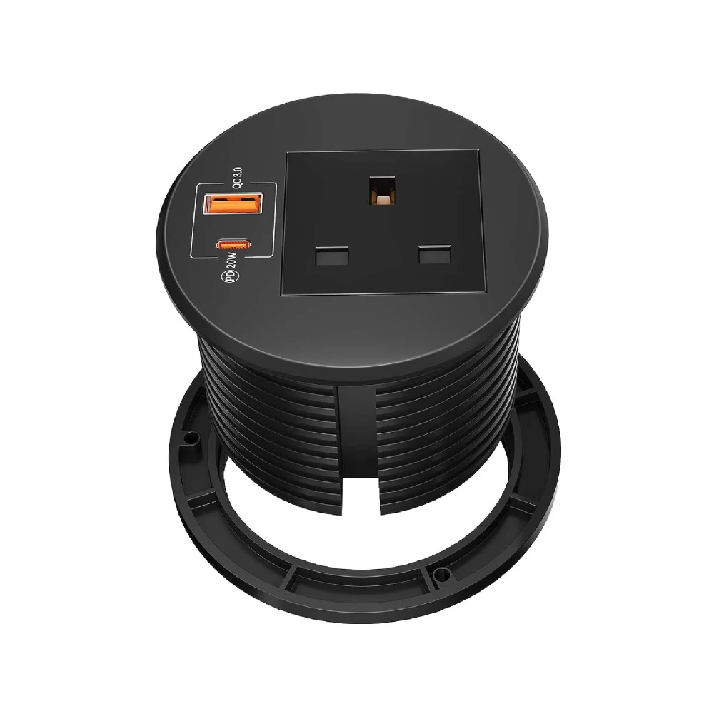 Smart 80mm UK plug recessed mounted smart round grommet socket for desk with 1AC power outlet 20W USB-C fast charger