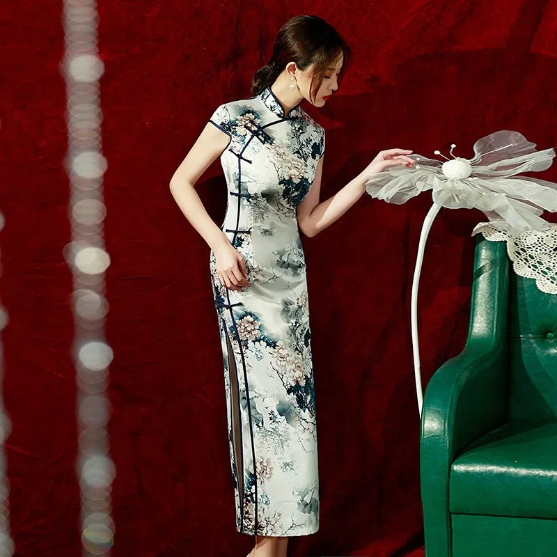 White Floral Peacock Chinese Lady Cheongsam Qipao Print Flower Sexy Long Dress Bride Wedding Evening Party Gown Vestidos