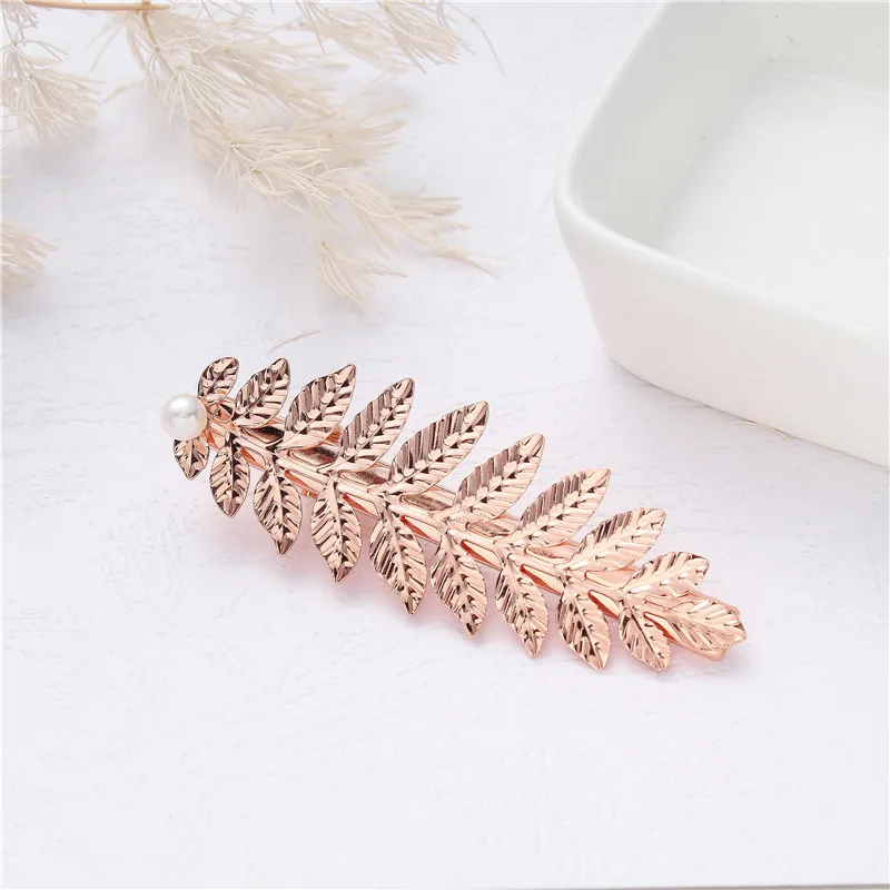 FJ002 Cheap Wholesale Creative New Pearl Crystal Duck Bill Clip Hairpin Leaf Hair Accessories Bobby Pin