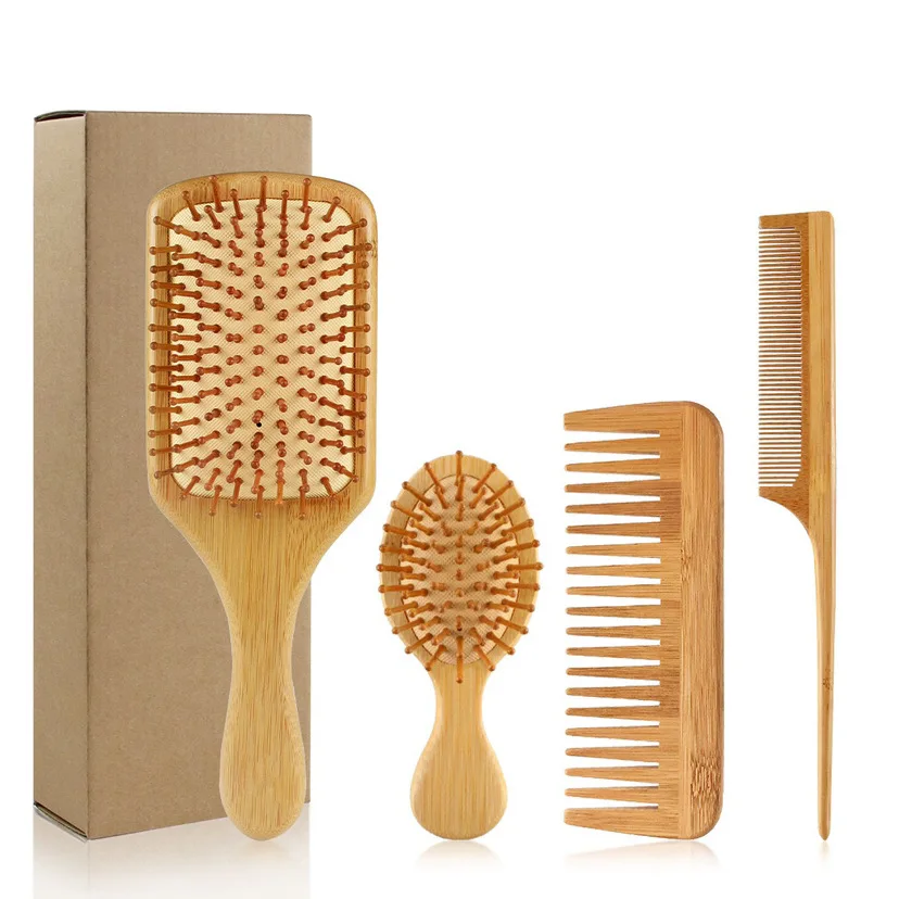 Bamboo Hair Brush Comb for Men Women Set With Tail Tooth Comb Double Head Comb Different Air Cushion Massage Brush Custom LOGO