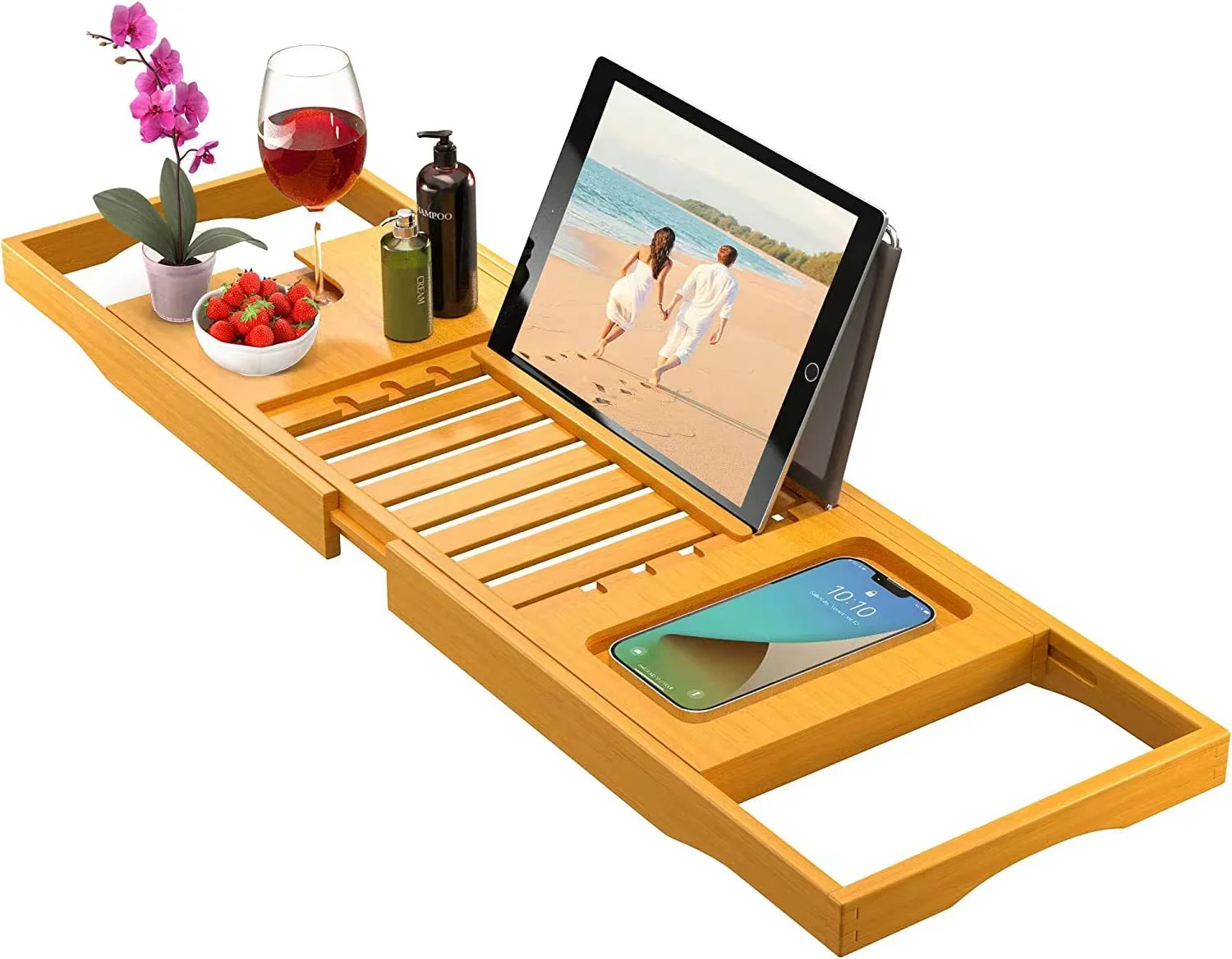 Bamboo Bath Tub Tray Bathroom Extendable Bridge with Holder for Candle Wine Glass Book Bathtub Rack Caddy Tray