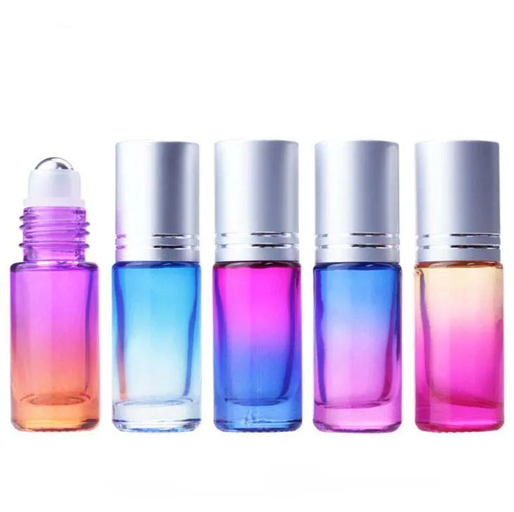 wholesale Essential oil perfume 5ml roller bottle pink gradient colour  roll on bottle/vial/glass vial with gold cap