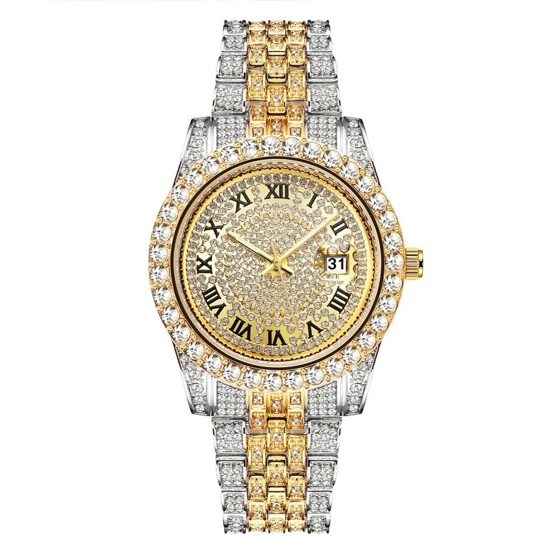 OEM Logo Hip-hop Roman Numeral Stylish Diamonds Luxury Large Dial Quartz Watch For Men