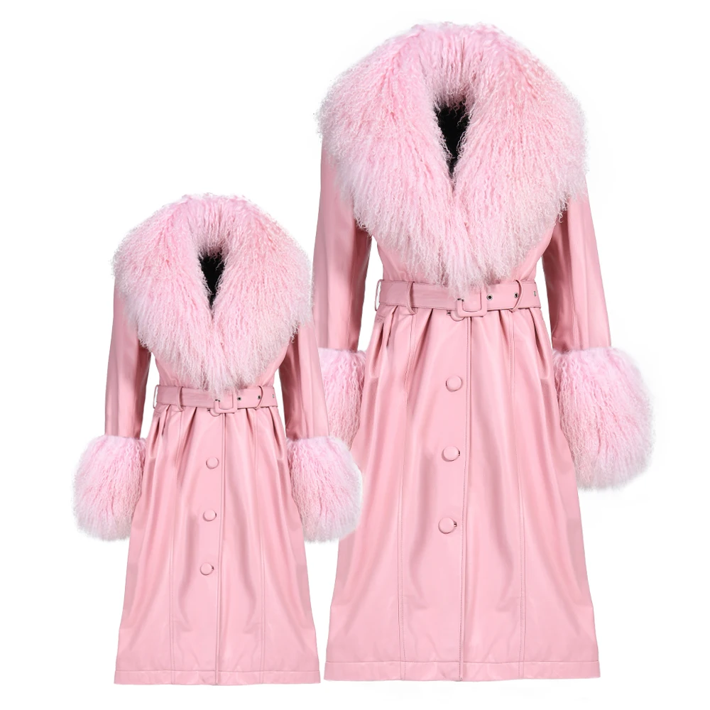 Factory Wholesale Winter Real Sheepskin Leather Coats With Mongolian Fur Collar And Cuffs Long Genuine Leather Jackets Woman